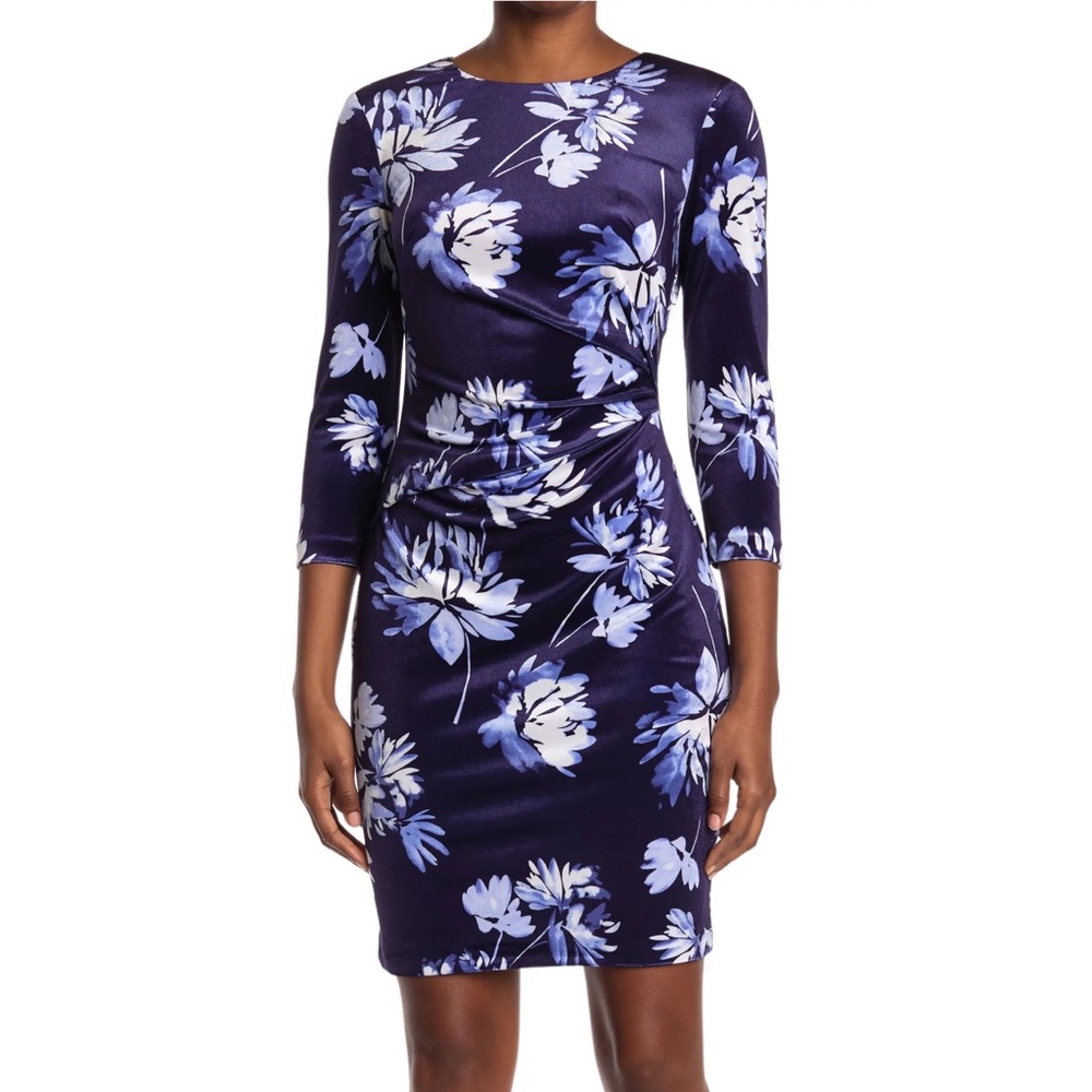 NWT Vince Camuto velvet ruched three-quarter sleeve floral print dress